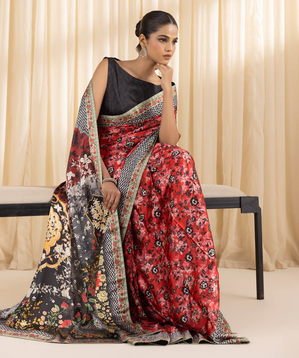 Women's Embroidered Blended Satin Red Saree