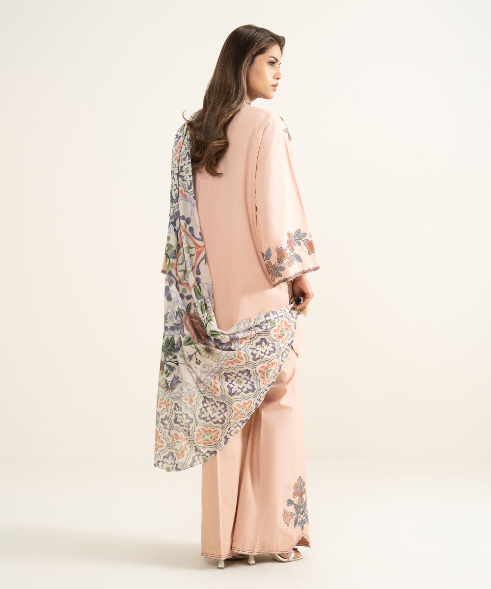 Women's Unstitched Textured Lawn Embroidered Pink 3 Piece Suit