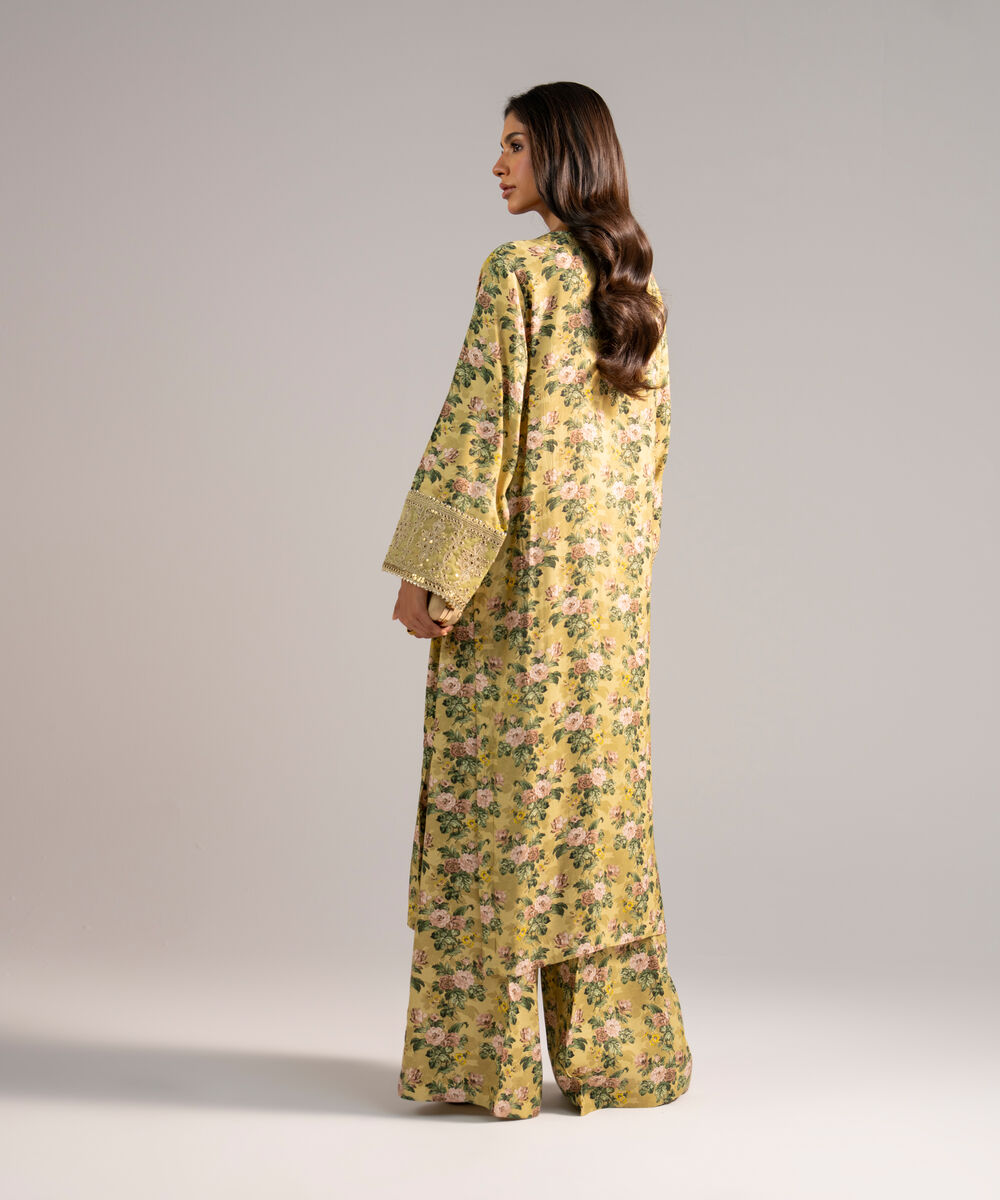 Women's RTW Viscose Raw Silk Embroidered Yellow 2 Piece Suit
