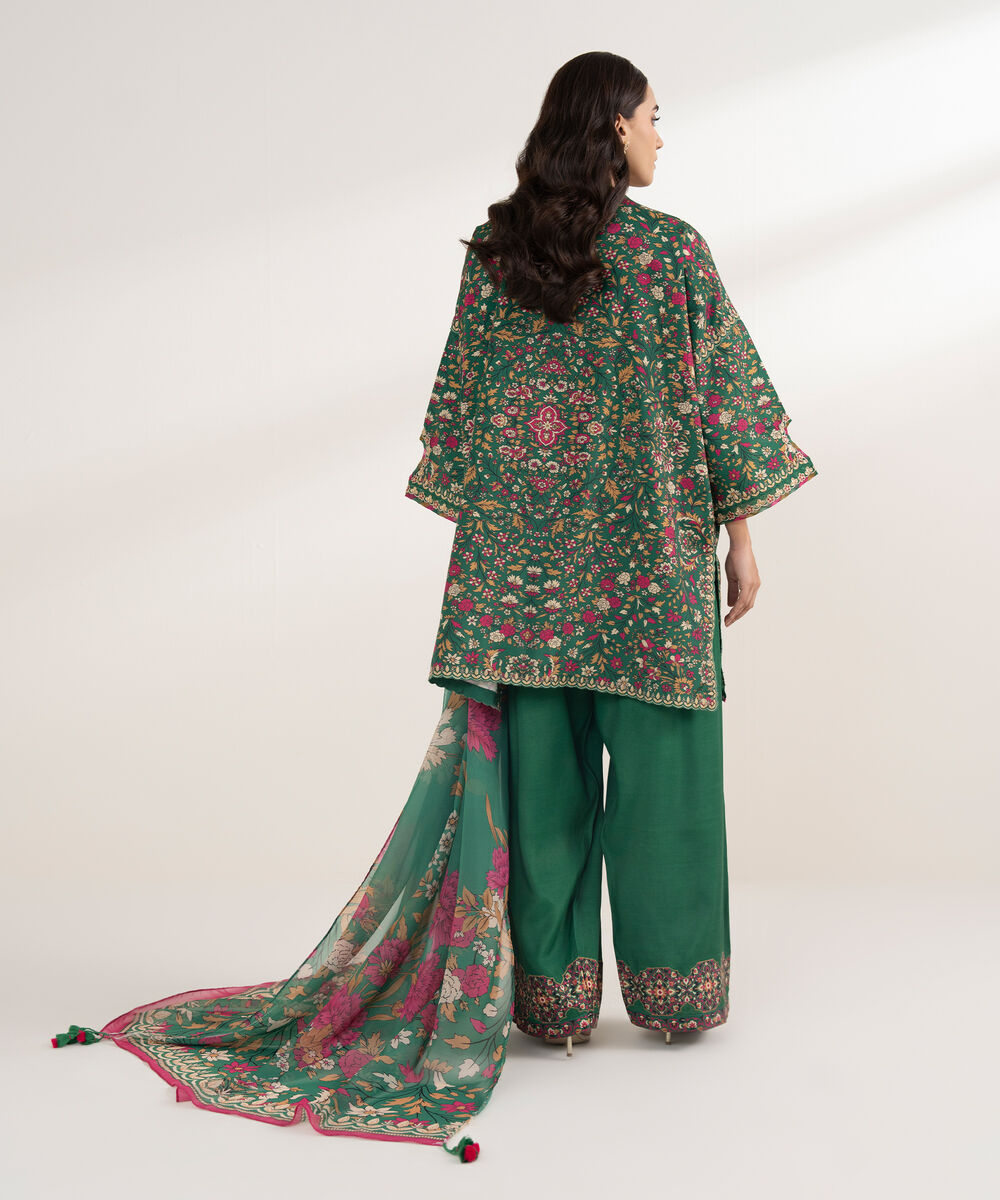 Women's Unstitched Blended Grip Silk Printed Green 3 Piece Suit