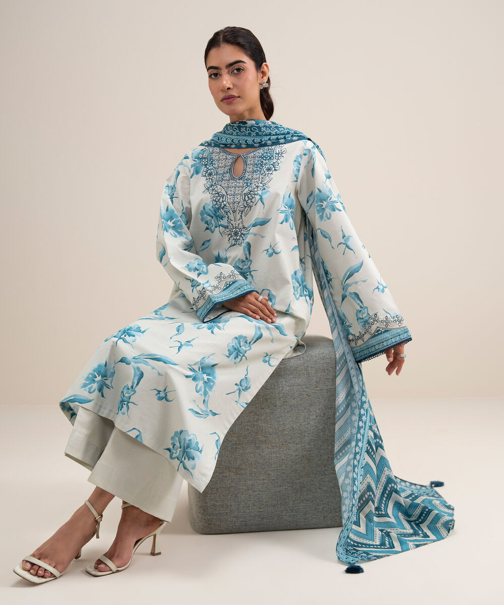 Women's Unstitched Lawn Embroidered Off White and Blue 3 Piece Suit