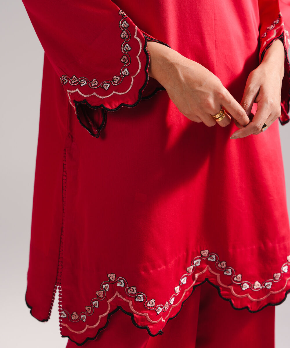 Women's RTW Cotton Satin Embroidered Red 2 Piece Suit