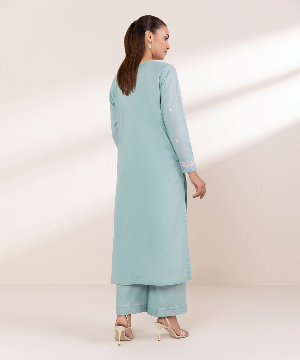 Women's RTW Textured Lawn Blue Embroidered A-Line Shirt