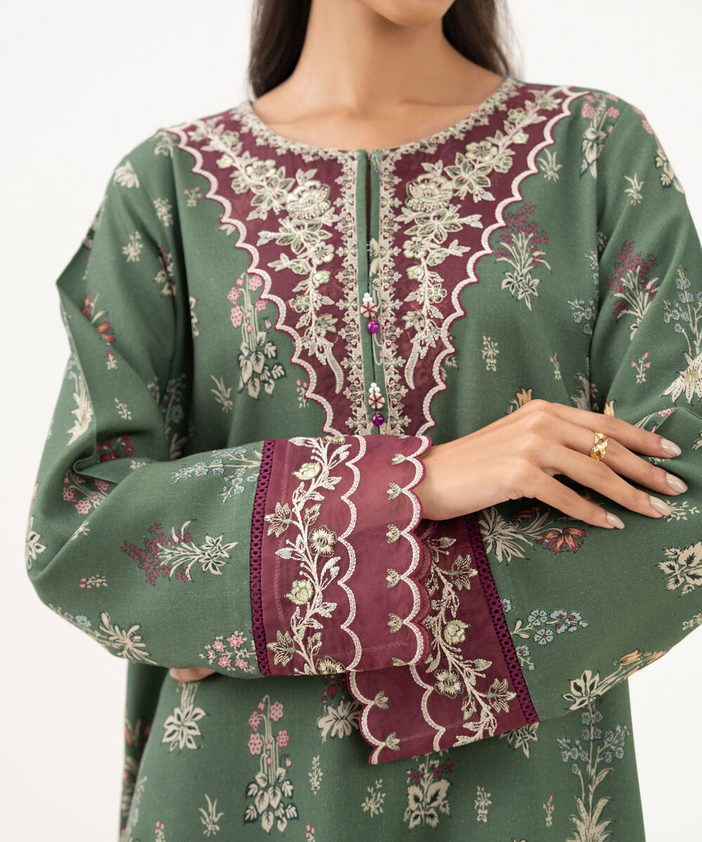 Women's RTW Textured Viscose Embroidered Green A-Line Shirt