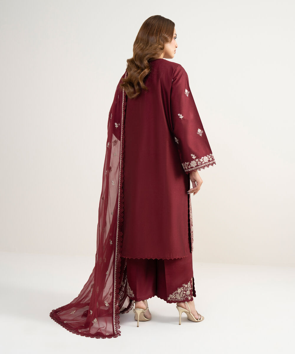 Women's Unstitched Cotton Net Embroidered Red 3 Piece Suit