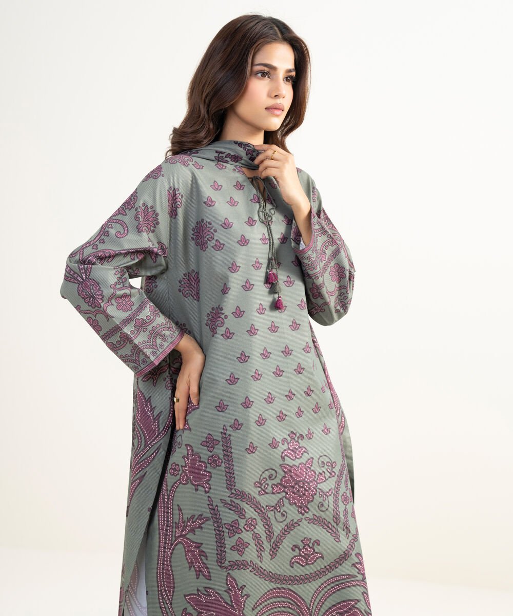 Women's Unstitched Zari Lawn Printed Grey 3 Piece Suit