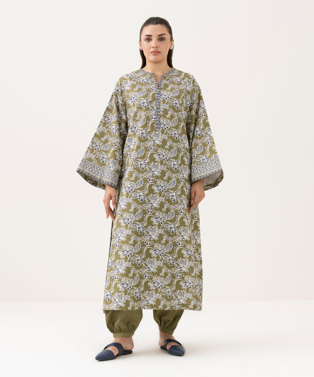 Women's Unstitched Khaddar Printed Green 2 Piece Suit