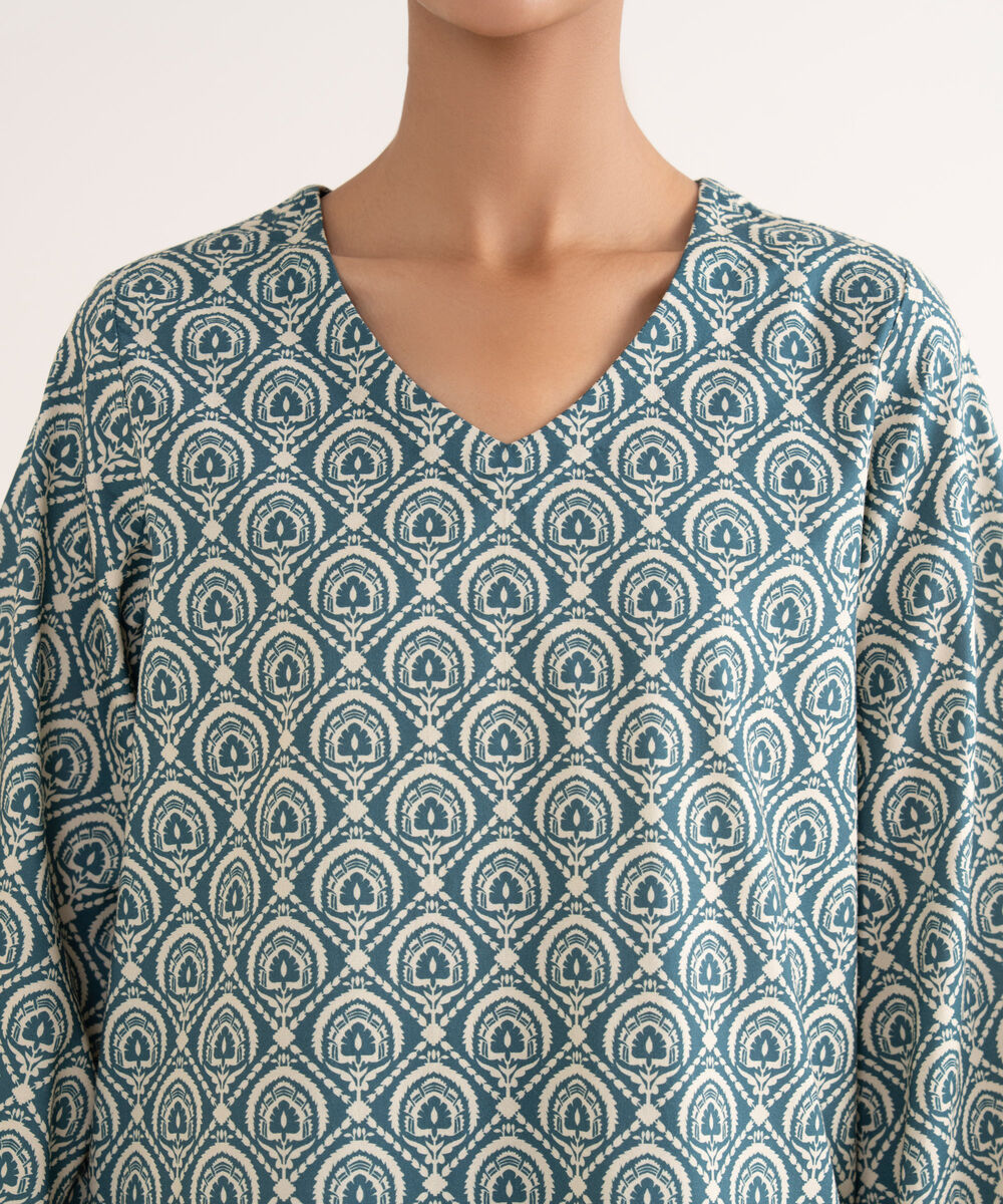 Women's Unstitched Cotton Printed Blue 2 Piece Suit