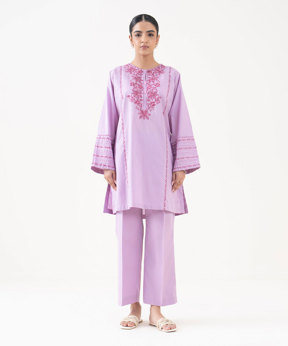 Women's RTW Textured Lawn Lilac Embroidered Boxy Shirt