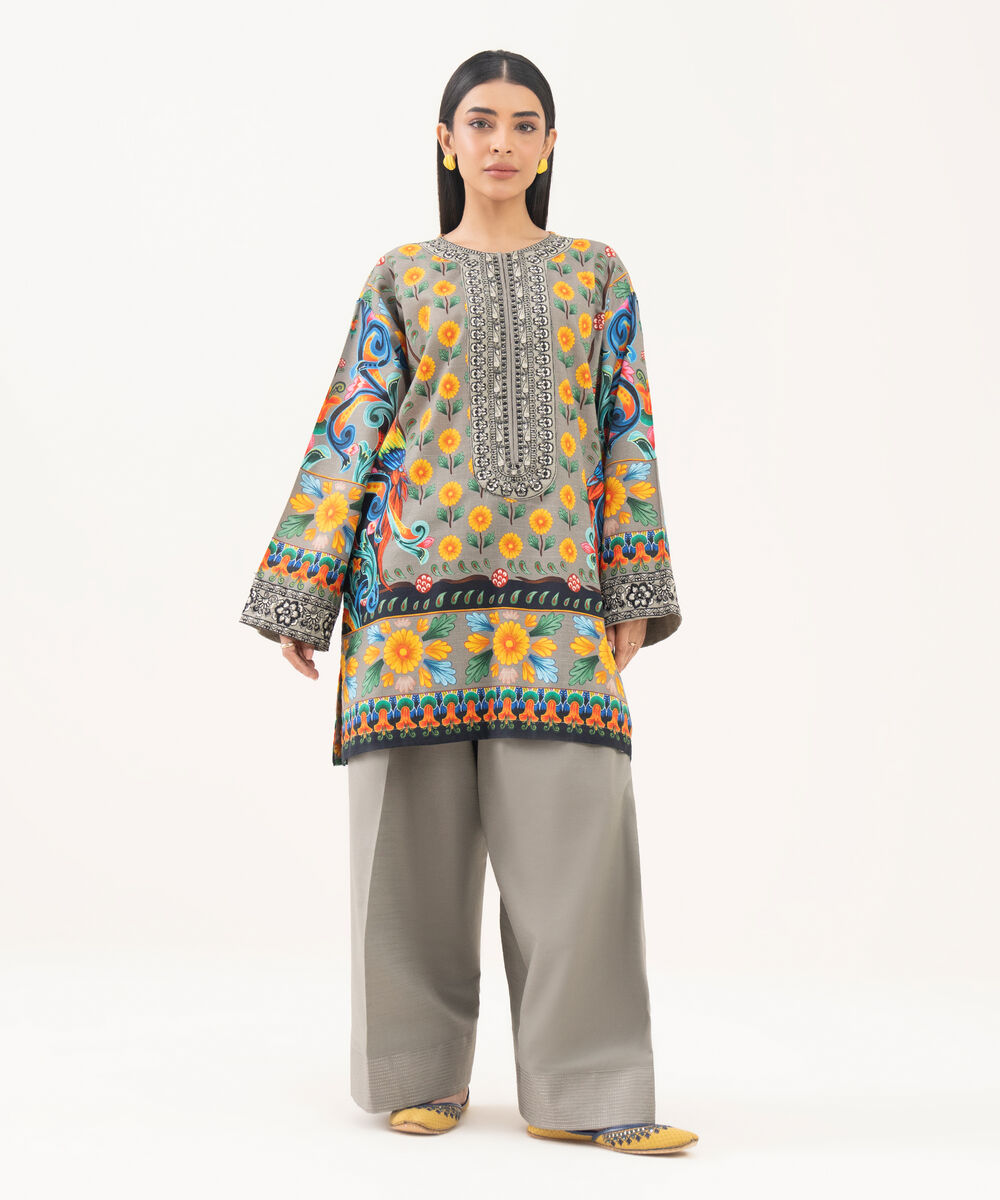 Women's RTW Light Khaddar Embroidered Grey Boxy Shirt