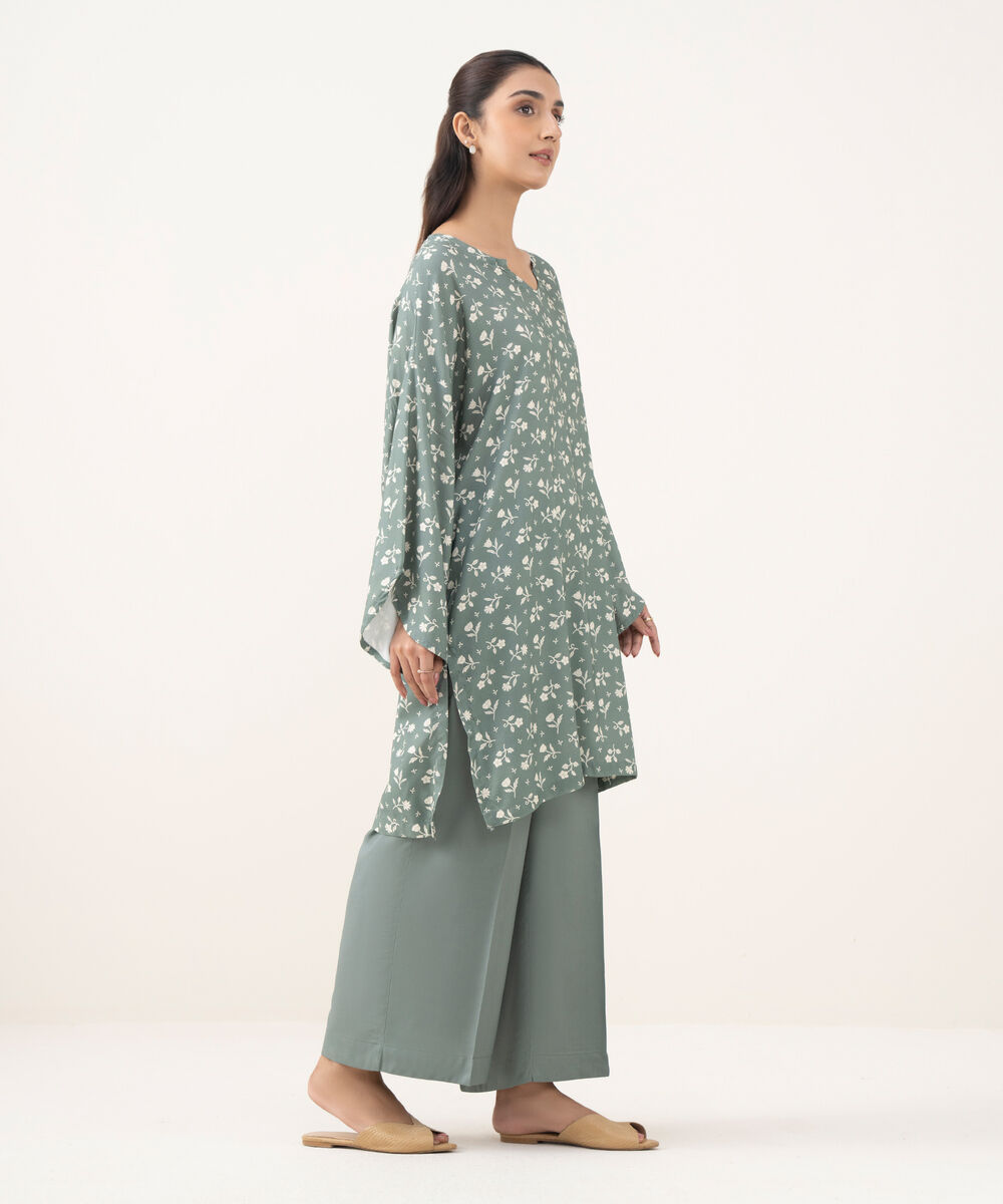 Women's RTW Linen Viscose Printed Grey Drop Shoulder Shirt