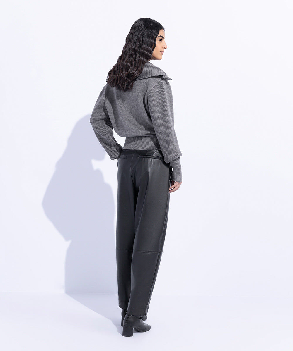 Woman - Black High Waisted Faux Leather Trousers