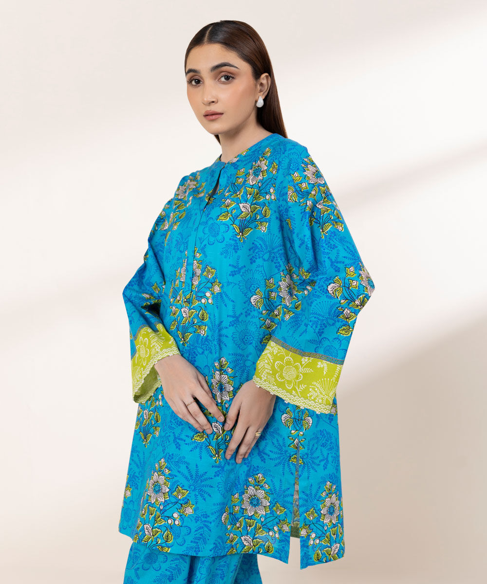 Women's RTW Textured Lawn Blue Printed A-Line Shirt