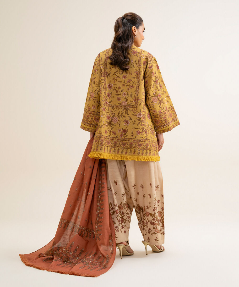 Women's Unstitched Cotton Printed Yellow 3 Piece Suit