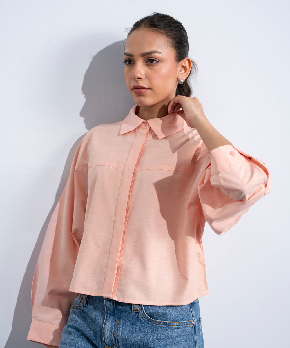 Women's Western Pink Short Body Oxford Shirt