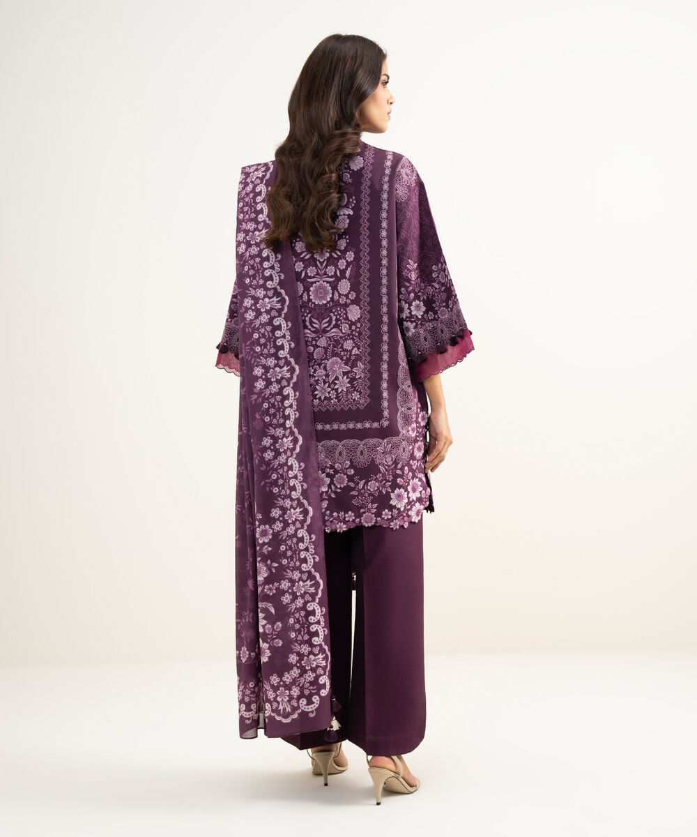 Women's Unstitched Lawn Printed Purple 3 Piece Suit