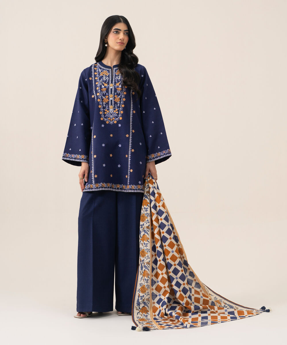 Women's Unstitched Basic Khaddar Embroidered Blue 3 Piece Suit
