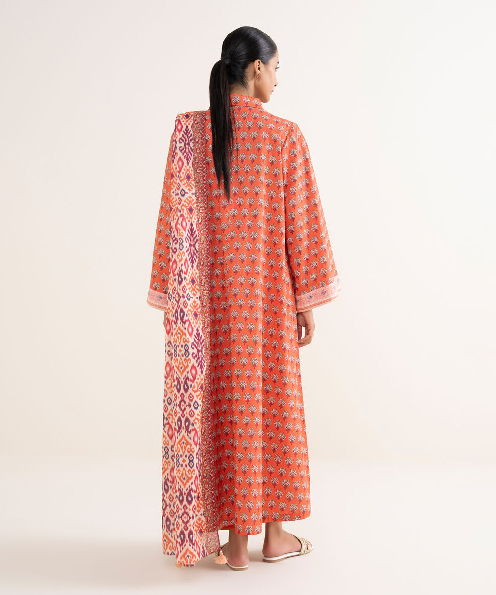 Women's Unstitched Cotton Printed Orange 3 Piece Suit