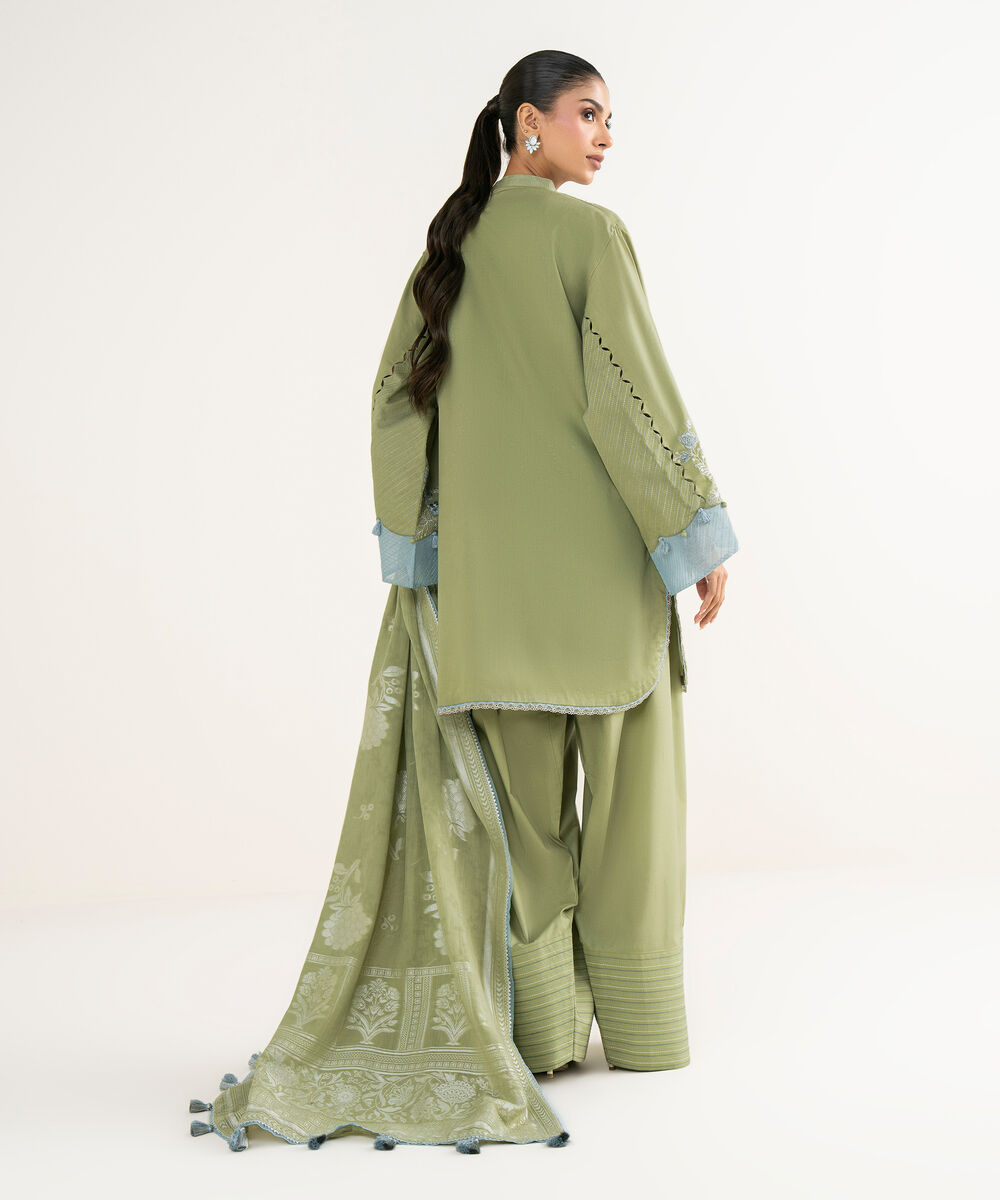 Women's Unstitched Fine Cotton Satin Embroidered Green 3 Piece Suit
