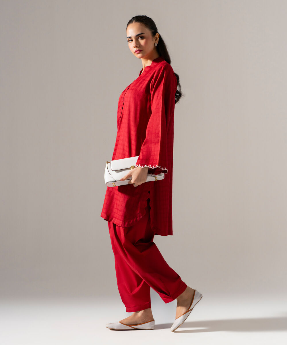 Women's RTW 3D dobby Solid Embroidered Maroon Flared A-Line