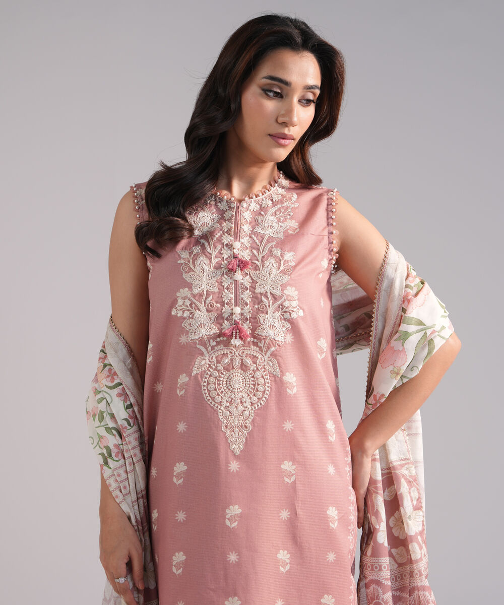 Women's RTW Zari Lawn Embroidered Pink 3 Piece Suit