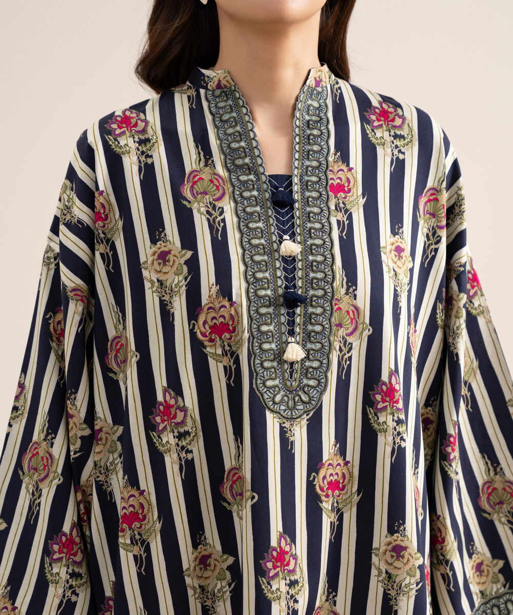 Women's Unstitched Arabic Lawn Embroidered Black & White  3 Piece Suit