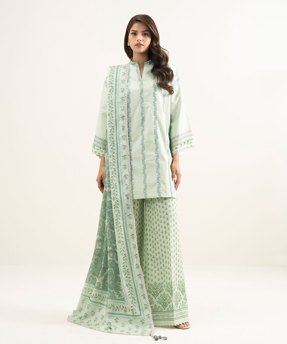 Women's Unstitched Lawn Embroidered Green 3 Piece Suit