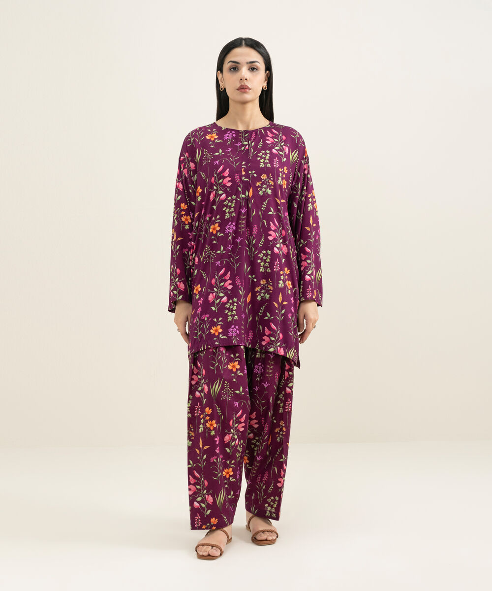 Women's RTW Arabic Lawn Printed Purple 2 Piece Suit