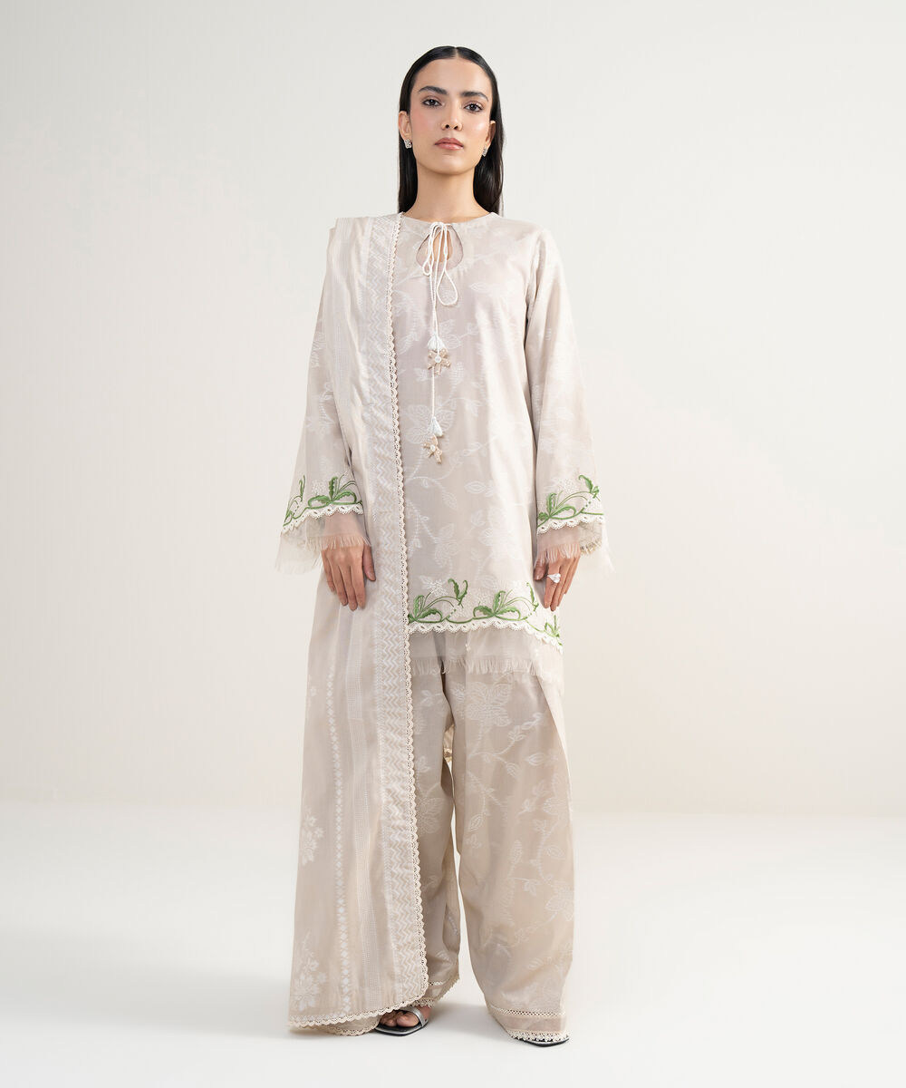 Women's RTW Extra Weft Jacquard Embroidered Beige 2 Piece Suit