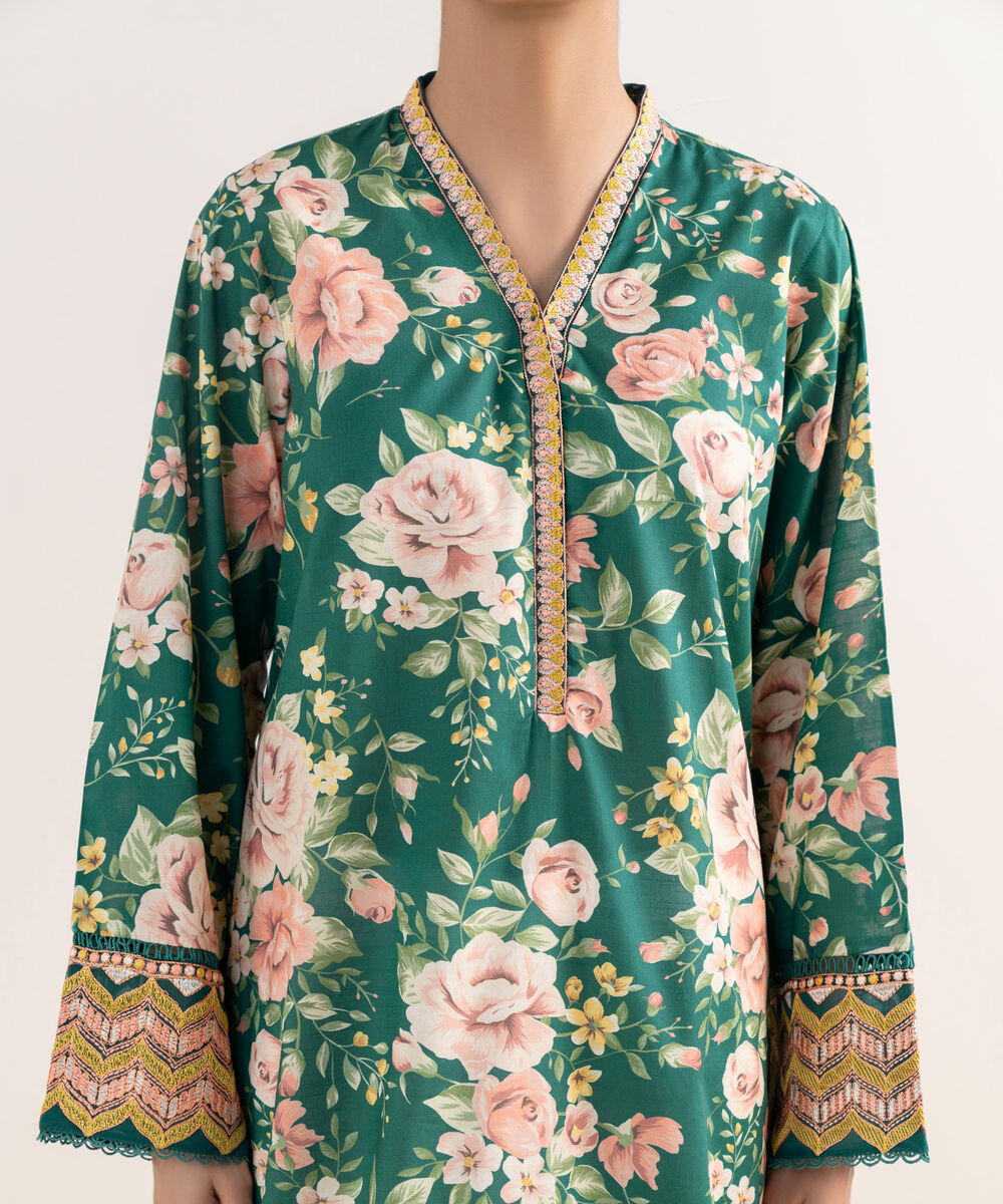 Women's RTW Textured Lawn Green Embroidered A-Line Shirt