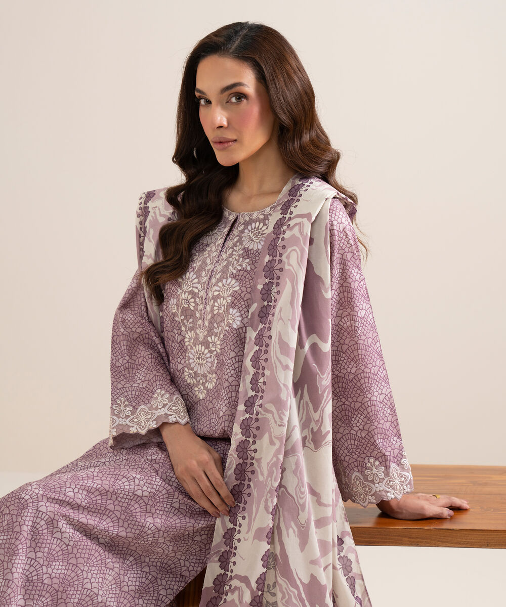 Women's Unstitched Lawn Embroidered Ice Blue 3 Piece Suit