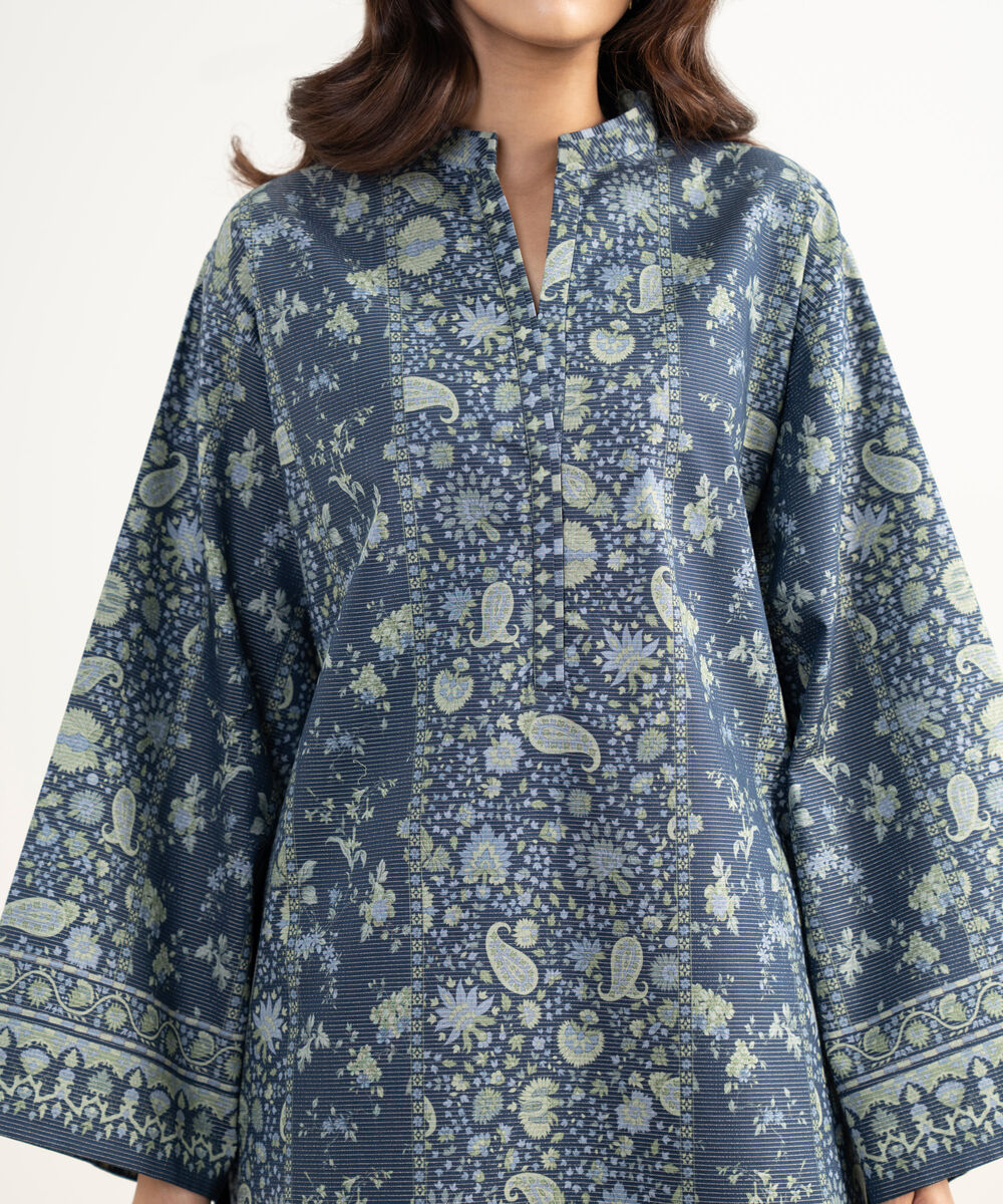 Women's Unstitched Zari Lawn Embroidered Blue 3 Piece Suit