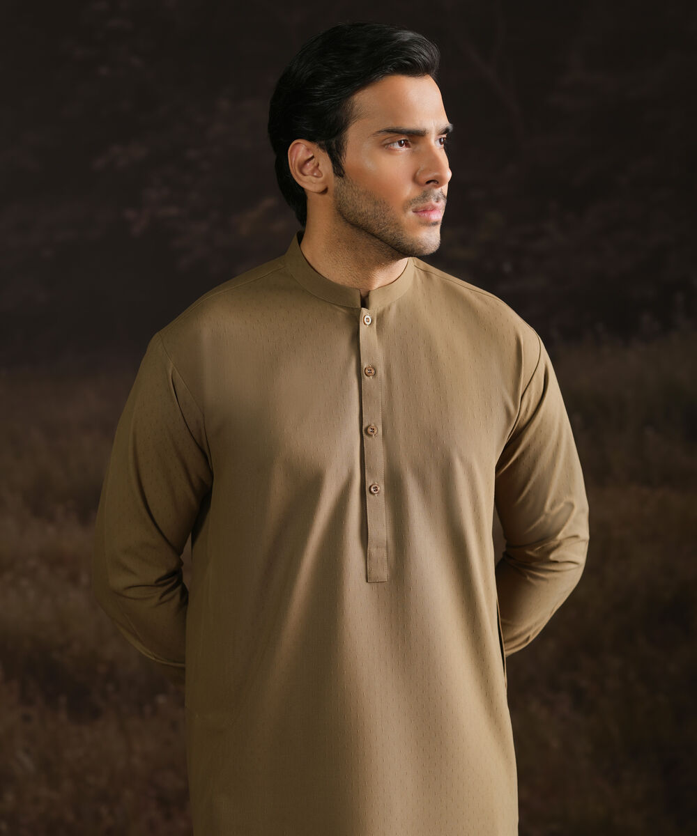 Men Unstitched Wash & Wear Khaki Full Suit Fabric