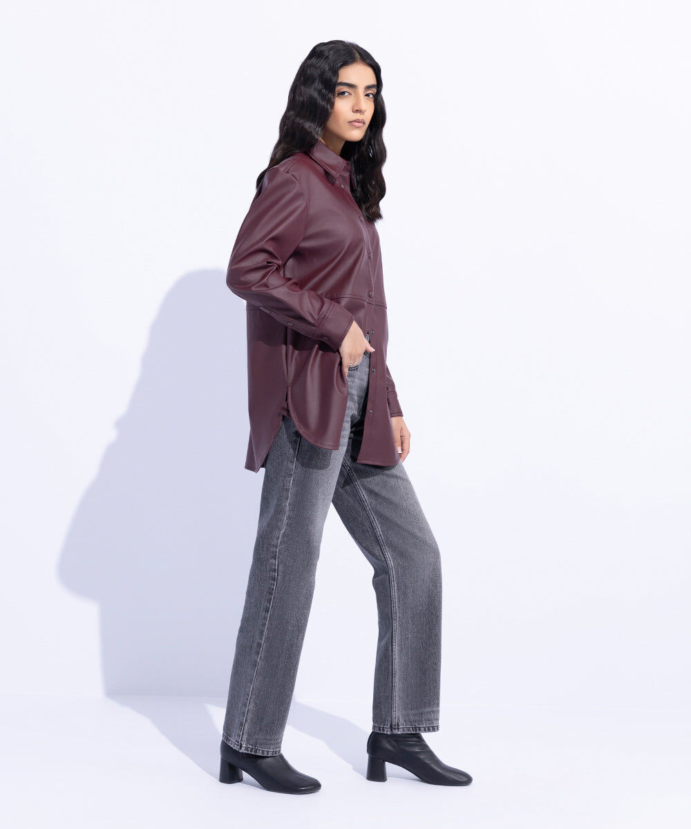 Woman - Red Loose Fit Faux Leather Overshirt