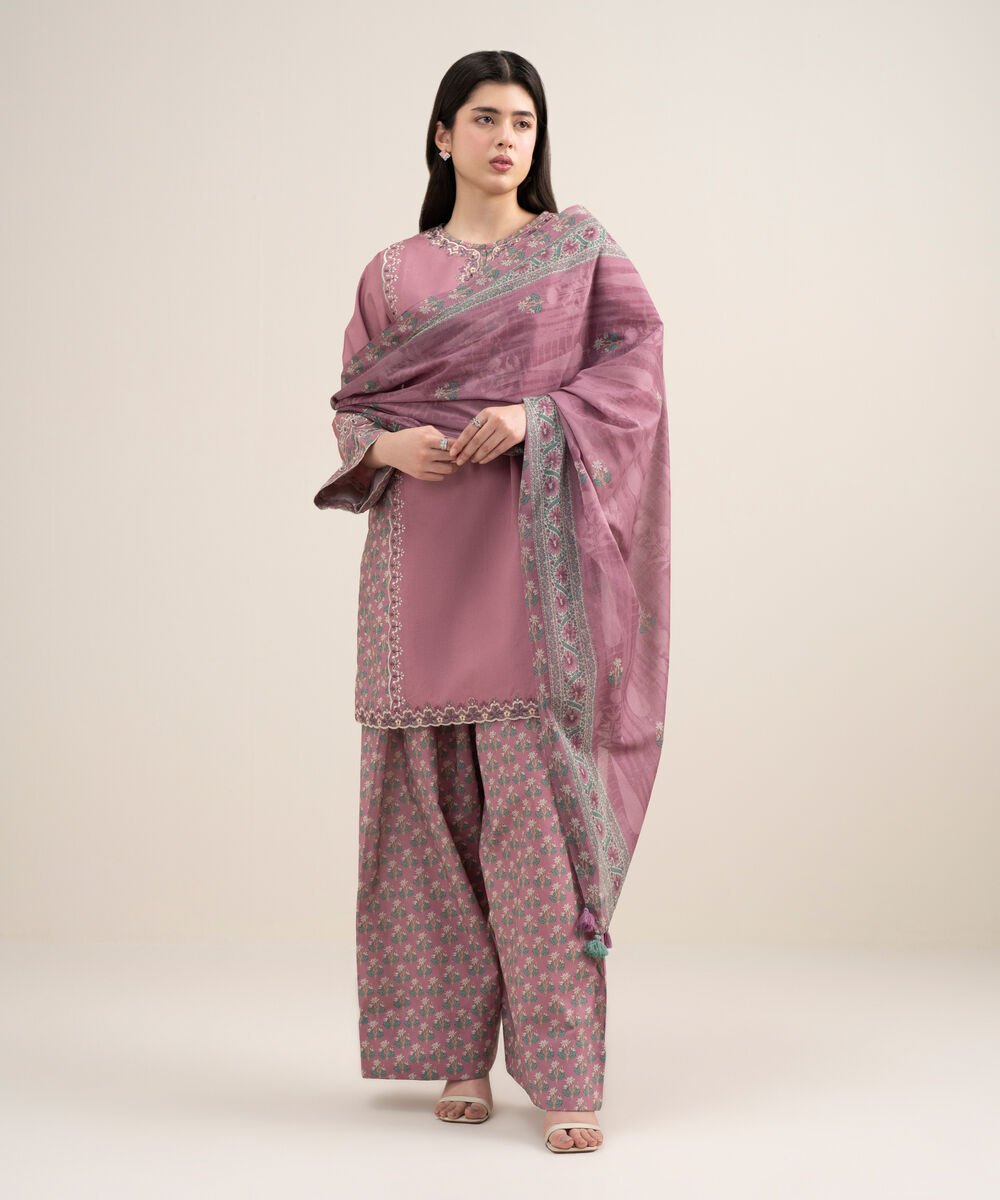 Women's Unstitched Textured Lawn Embroidered Pink 3 Piece Suit