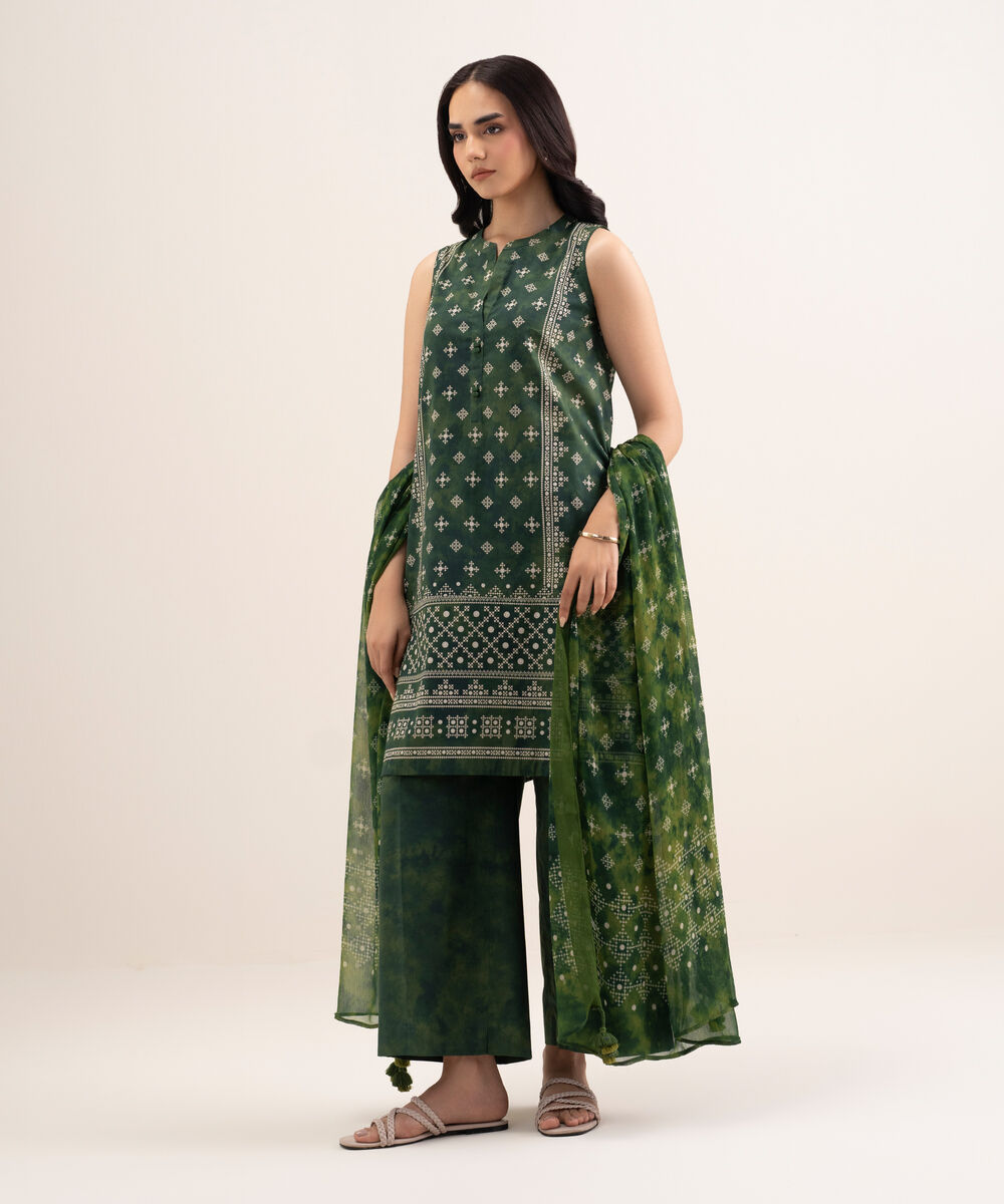 Women's Unstitched Lawn Printed Green 3 Piece Suit