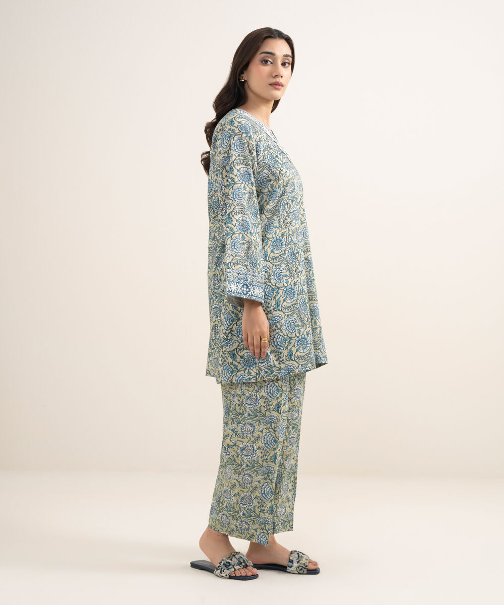 Women's RTW Dobby Embroidered Green 2 Piece Suit