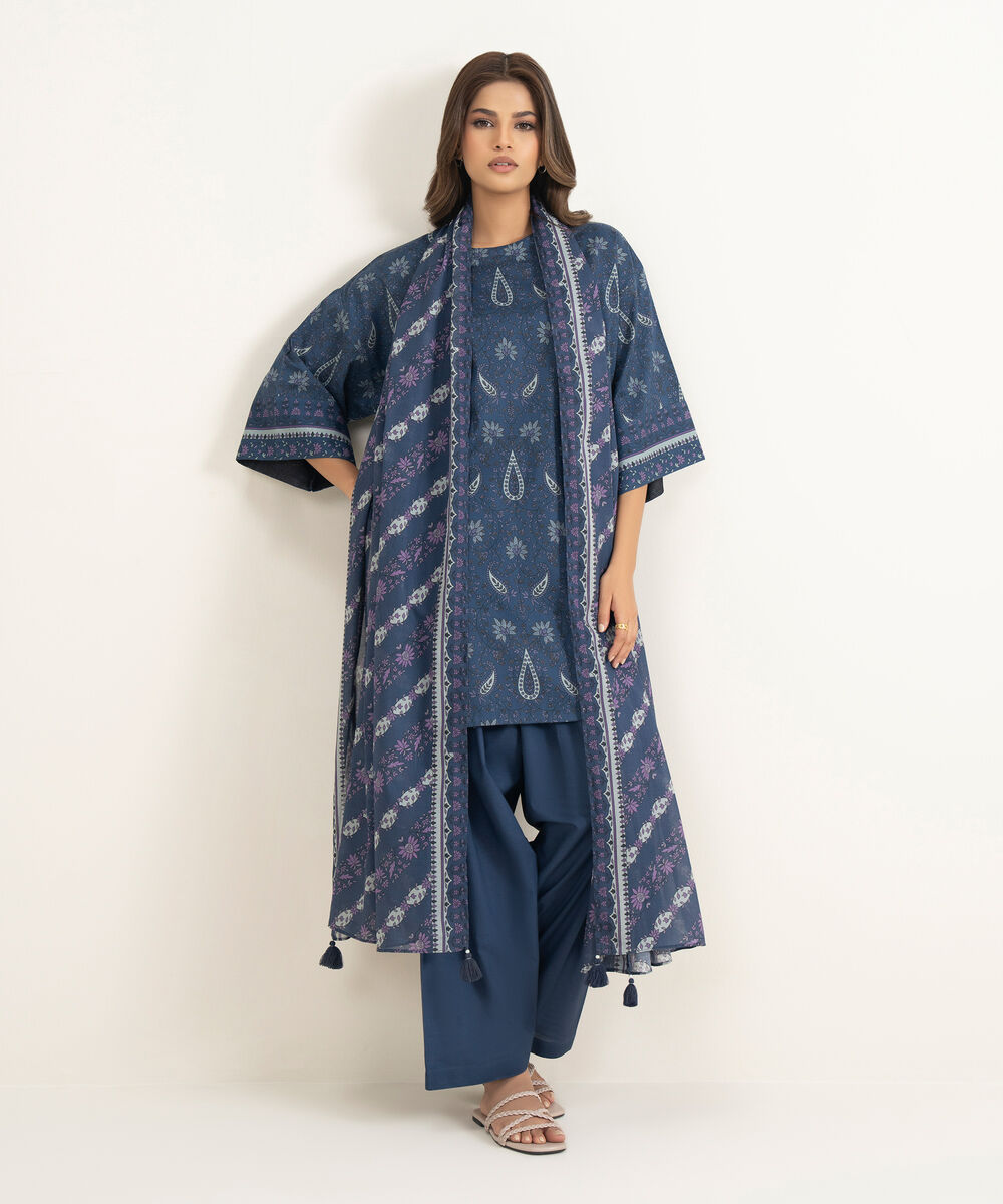 Women's Unstitched Lawn Printed Blue 3 Piece Suit
