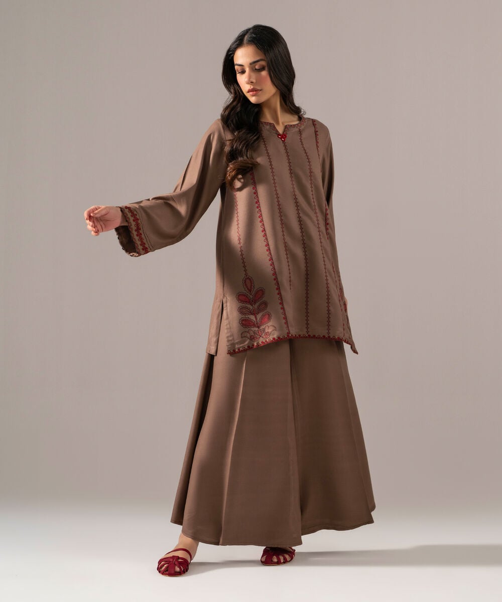 Women's RTW Bedford Solid Embroidered Dark Beige Straight Shirt