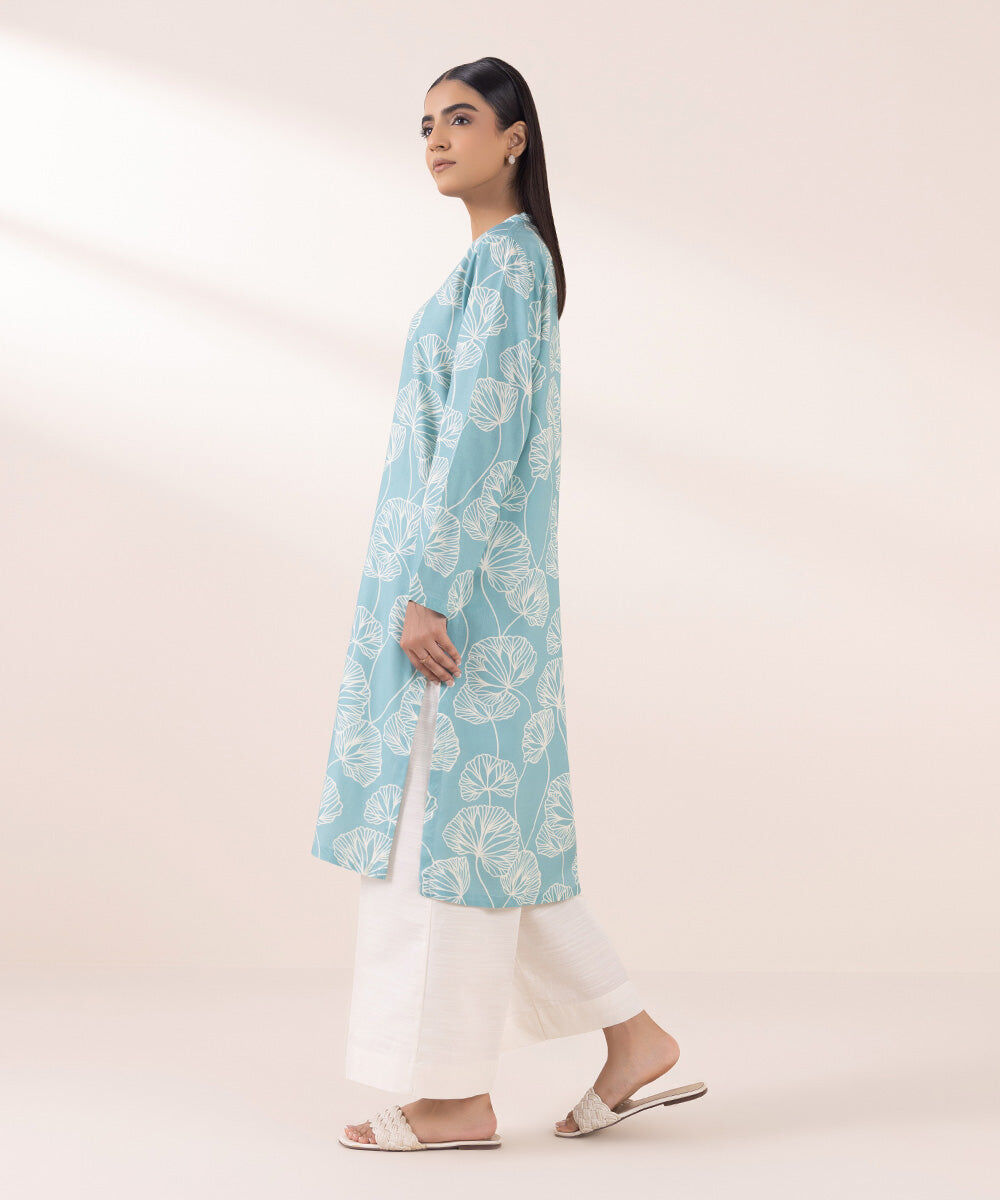 Women's Pret Linen Blue Printed Straight Shirt