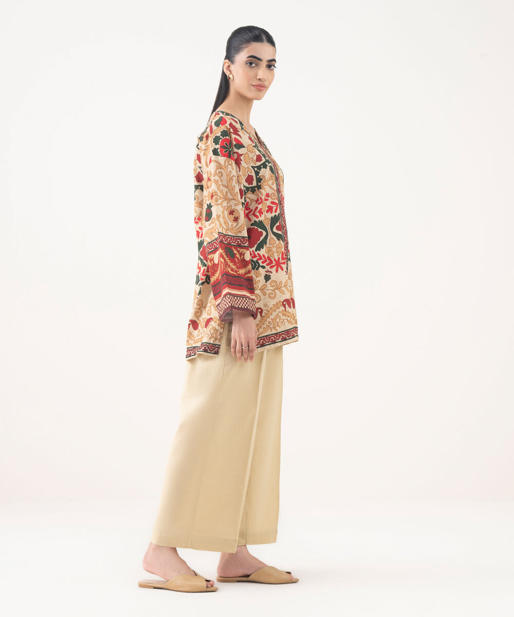 Women's RTW Light Khaddar Printed Beige Boxy Shirt