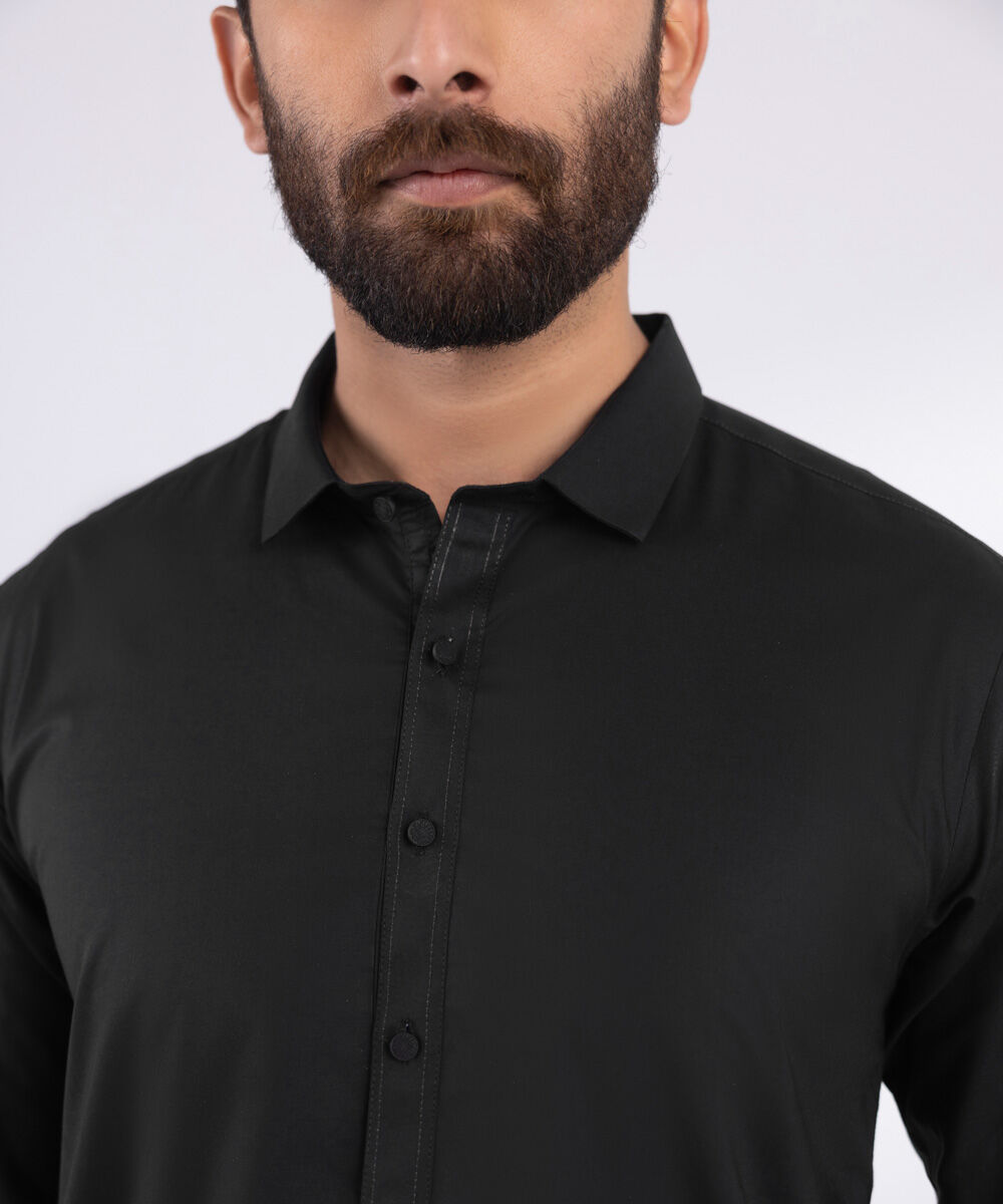 Men's 100% Cotton Stitched Plain Black Stitched Suit