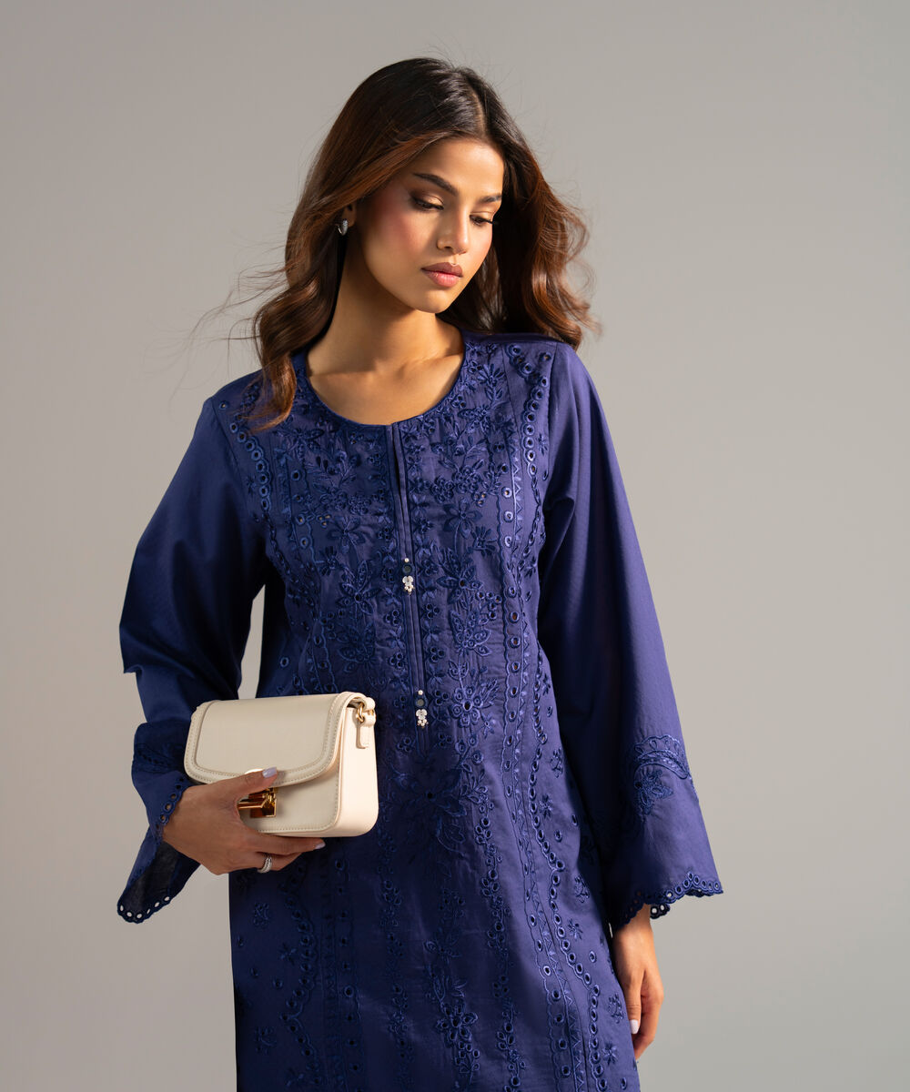 Women's RTW Dobby Embroidered Dark Blue 2 Piece Suit