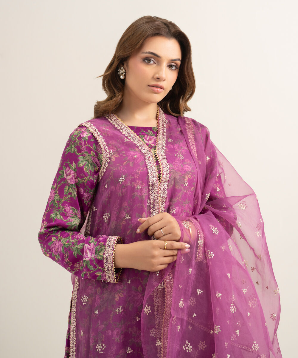 Women's RTW Blended Organza Embroidered Purple 3 Piece Suit