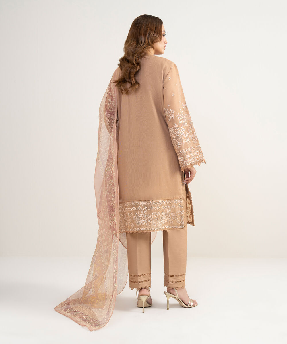 Women's Unstitched Blended Viscose Khaddi Net Embroidered Beige 3 Piece Suit