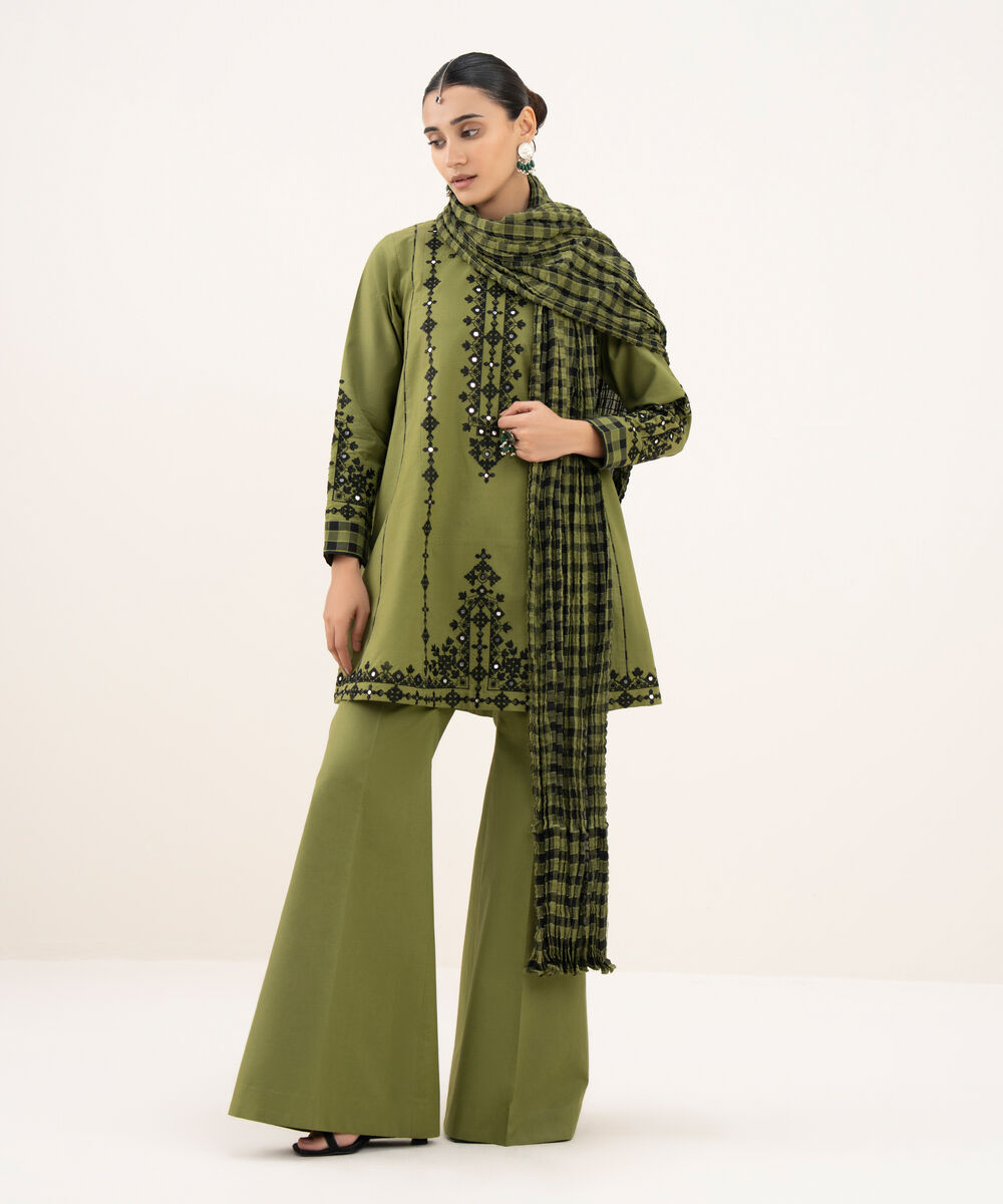 Women's Unstitched Cotton Embroidered Green 3 Piece Suit