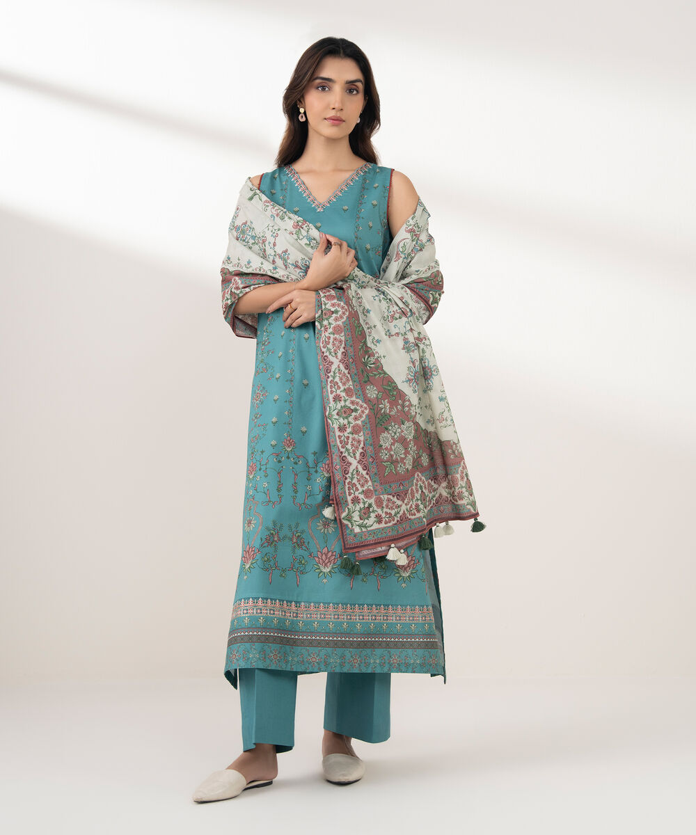 Women's Unstitched Lawn Printed Blue 3 Piece Suit
