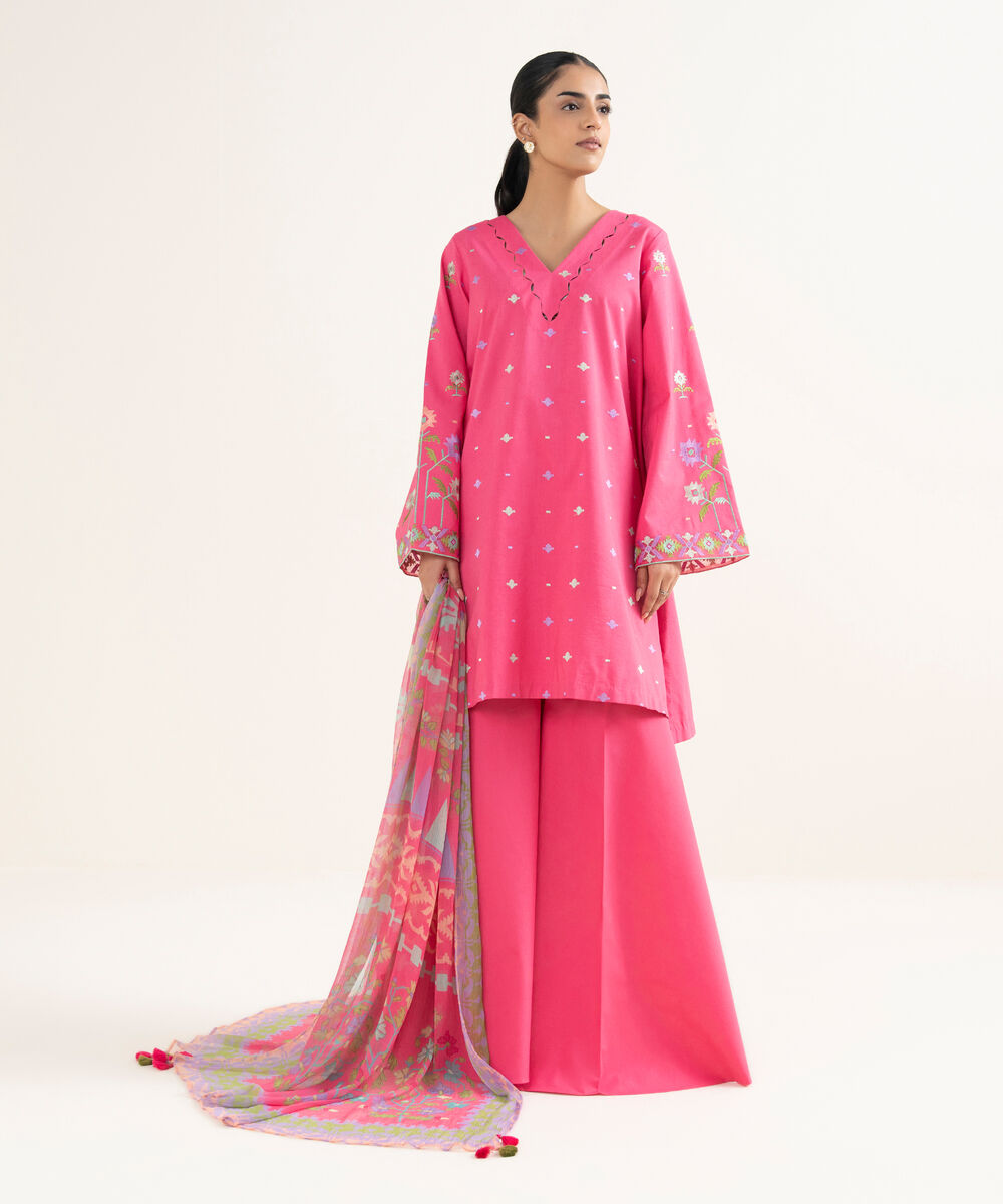 Women's Unstitched Cotton Viscose Embroidered Pink 3 Piece Suit