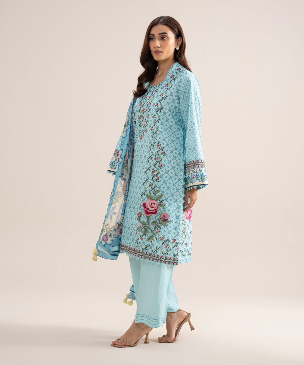 Women's Unstitched Zari Cotton Embroidered Sky Blue  3 Piece Suit