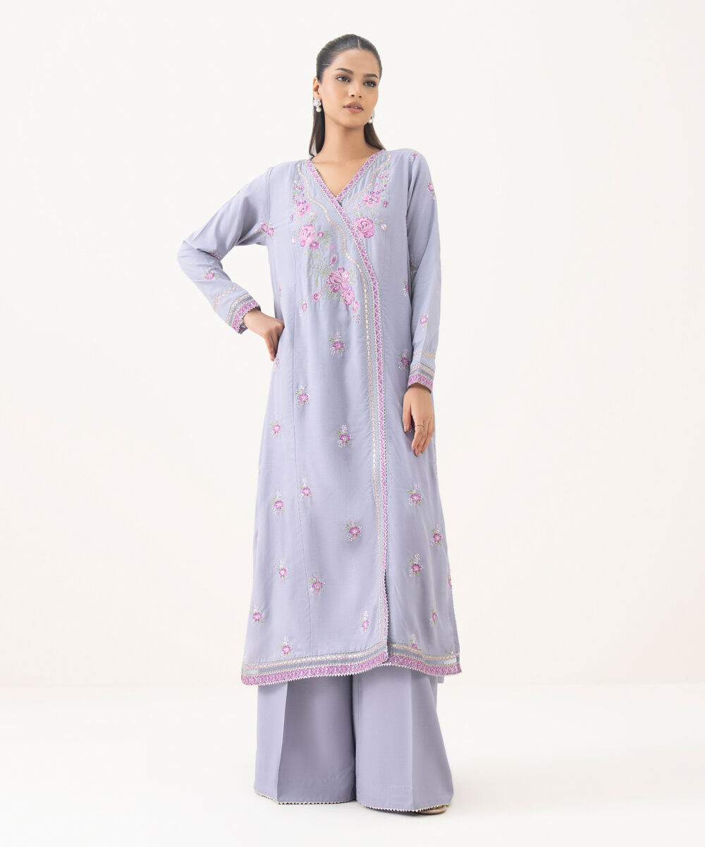 Women's RTW Cotton Viscose Purple Embroidered A-Line Shirt